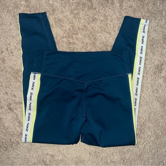 Nike Dri Fit Leggings Teal Striped White Neon Yellow Logo On Leg Size Large - Picture 12 of 15